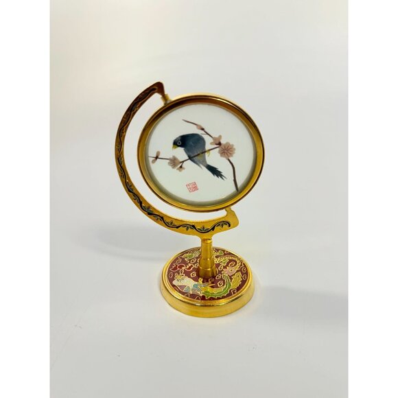 Silk Art Embroidered Bird Globe within Enamed Cloisonne Burgandy Red Brass Swive - Picture 2 of 16